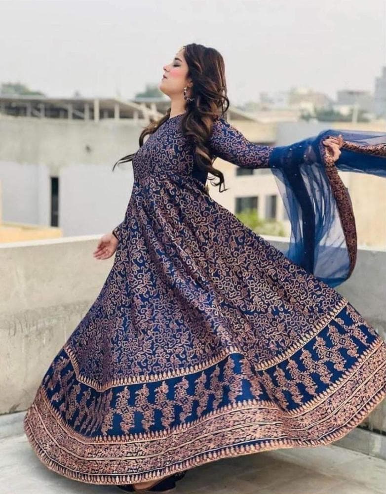 Navy Blue Katan Silk Maxi Suit with Golden Floral Embroidery