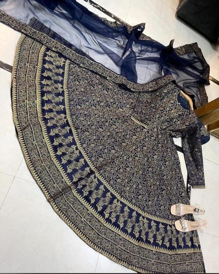Navy Blue Katan Silk Maxi Suit with Golden Floral Embroidery