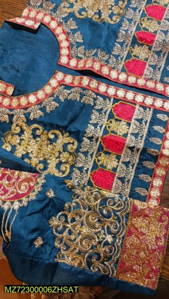 Teal Katan Silk 3-Piece Floral Embroidery Set