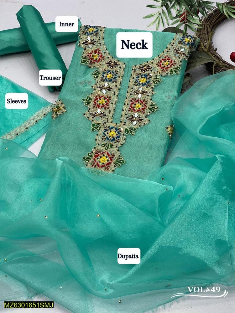 Teal Embroidered 3-Piece Tissue Suit for Weddings