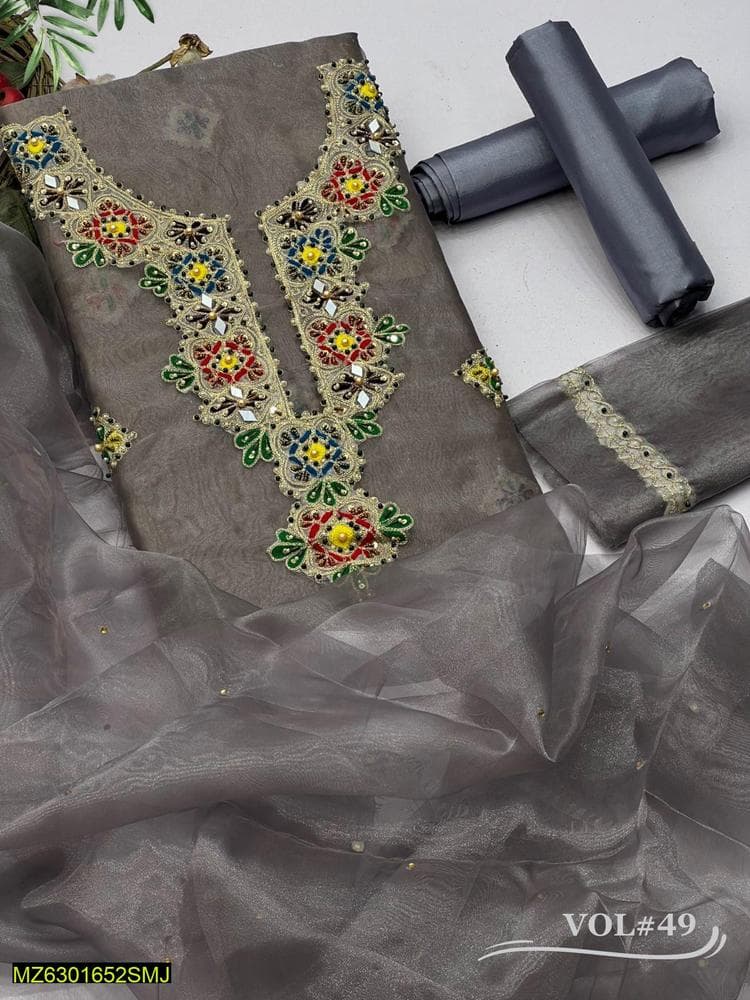 3-Piece Tissue Embroidered Suit for Women with Silk Lining