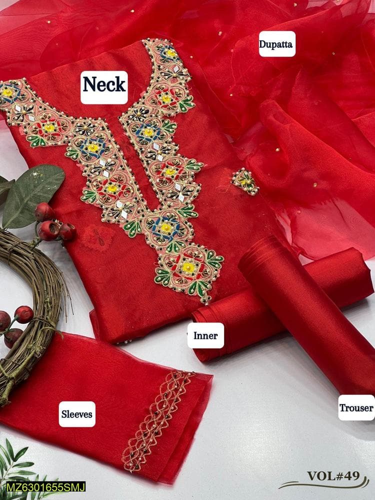 Red Embroidered 3-Piece Tissue Suit for Weddings