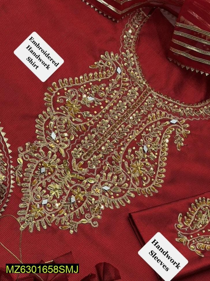 Red Embroidered 3-Piece Katan Silk Suit for Weddings