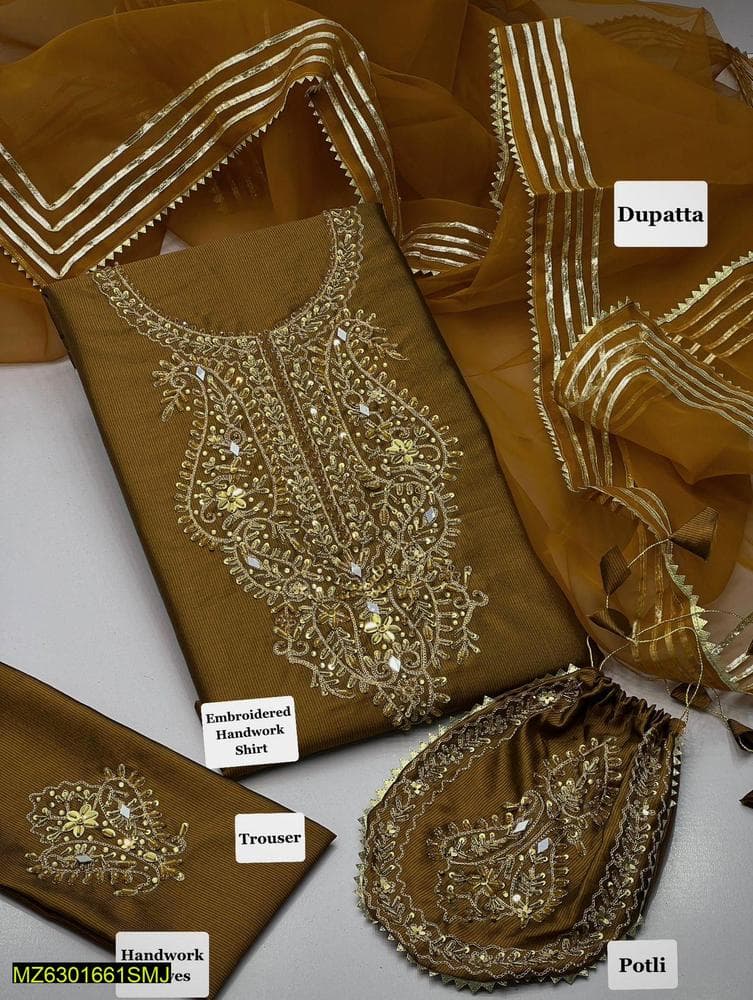 3-Piece Katan Silk Suit with Heavy Embroidery for Weddings