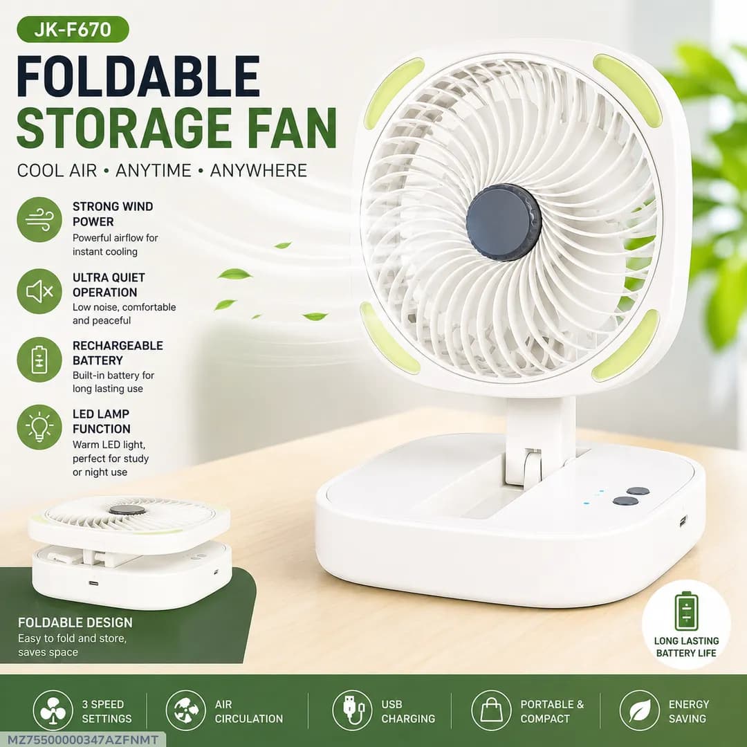Rechargeable Foldable Storage Fan with LED Light – USB Charging Portable Desk Fan 3 Speed Adjustable