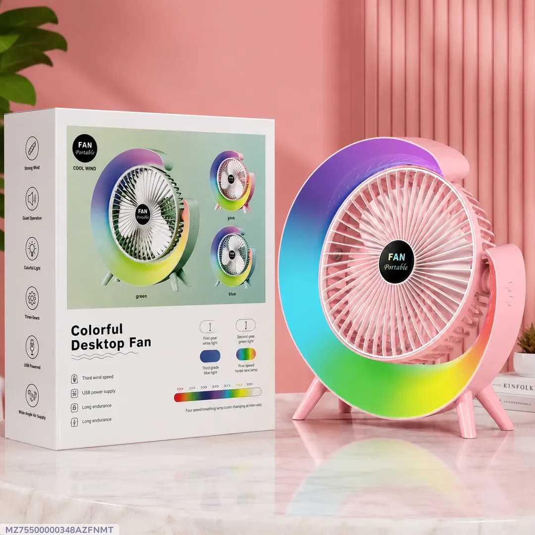 RGB LED Rechargeable Desktop Fan Portable USB Cooling Fan with 3 Speed Modes, 180° Adjustable Angle & Quiet Operation