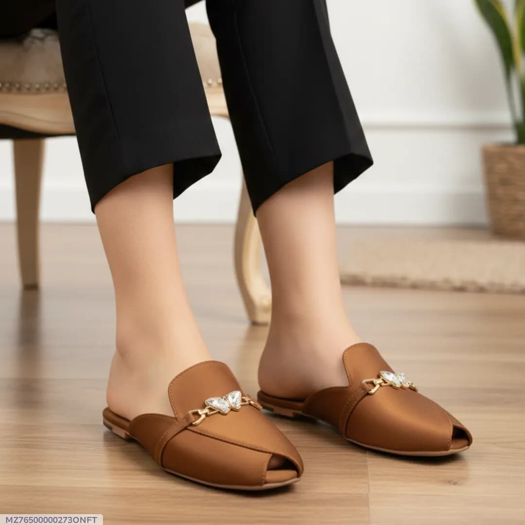 Women's Mustard Velvet Mules with Pearl Detail