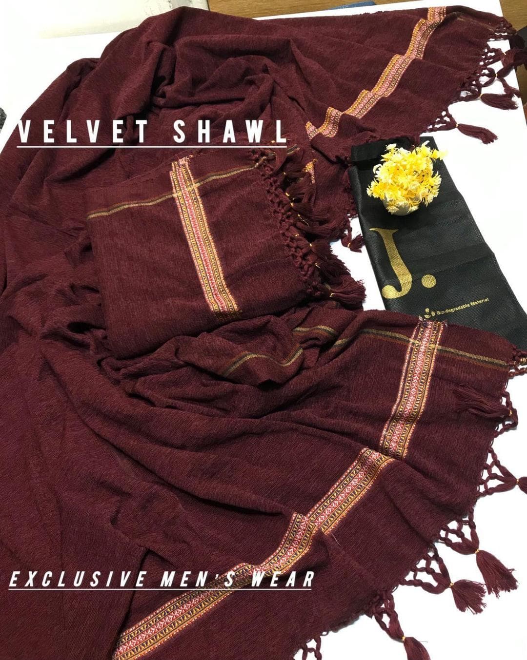 Maroon Velvet Shawl for Men with Golden Border