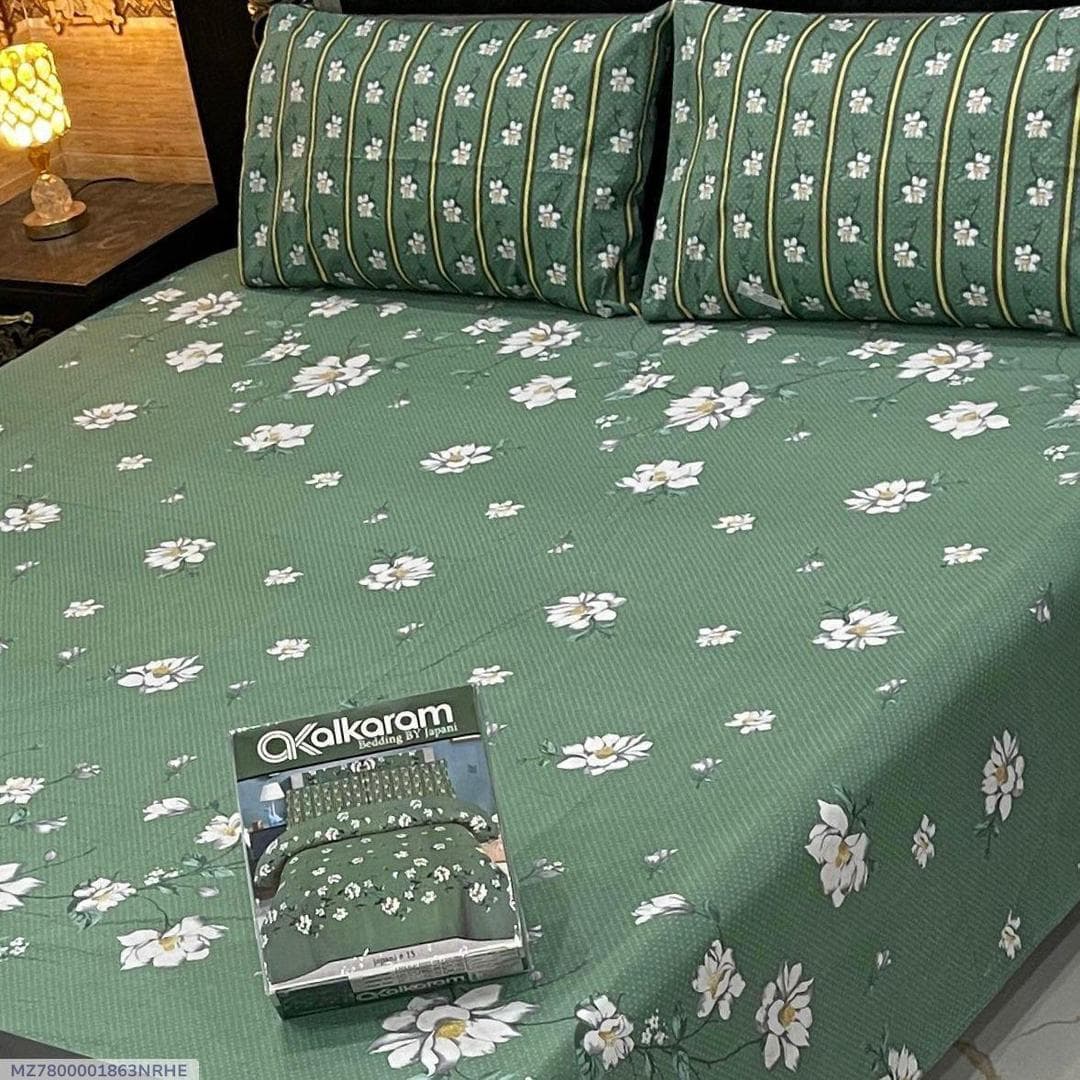 Green Floral Cotton Bedsheet Set Double Bed 3 Pcs