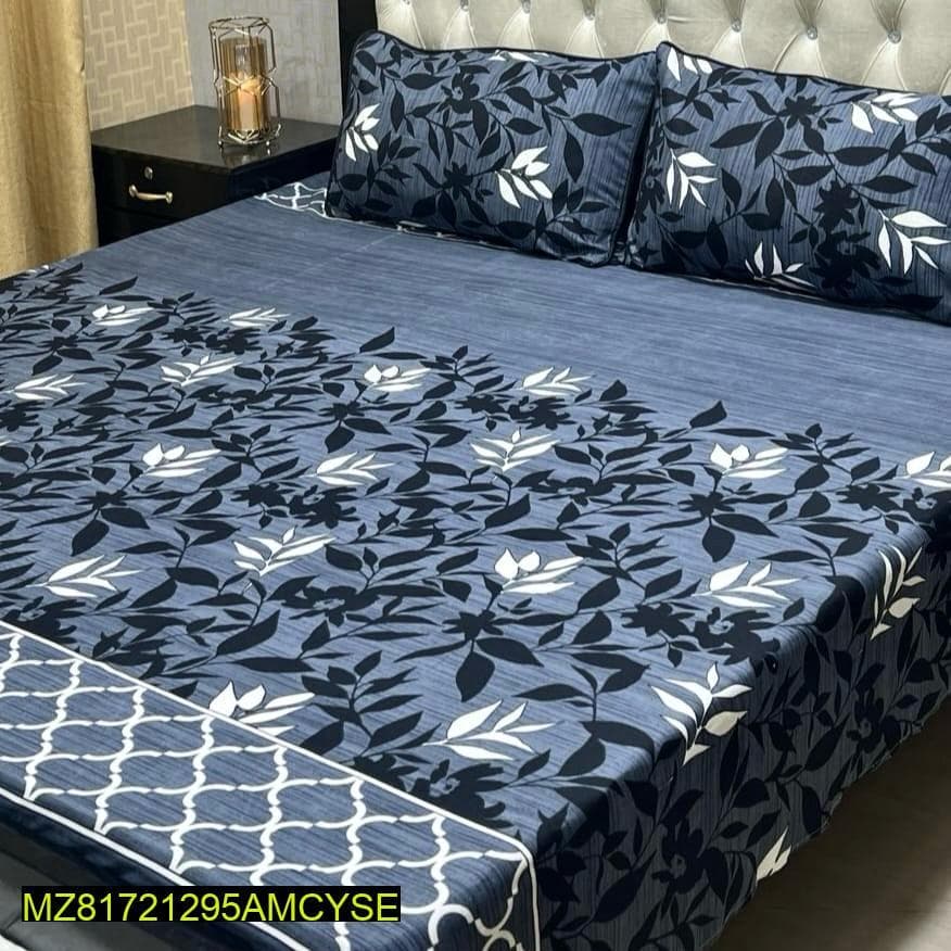 Crystal Cotton Printed Double Bedsheet Set Blue White