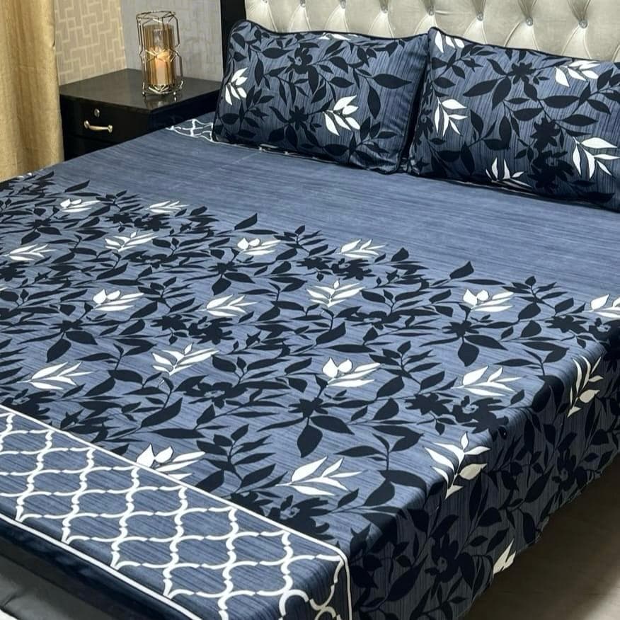 Crystal Cotton Printed Double Bedsheet Set Blue White