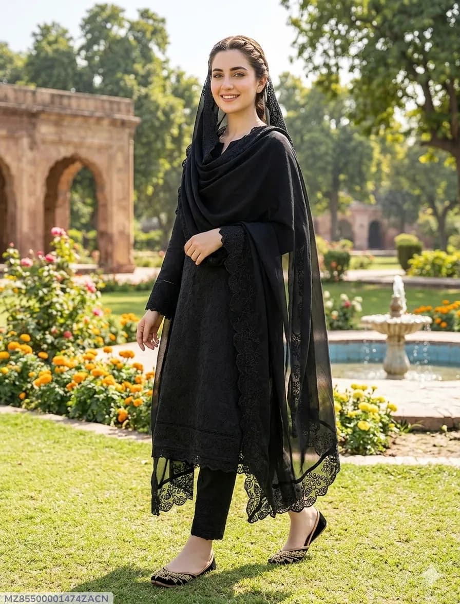 Black Chikankari 3-Piece Women's Suit with Chiffon Dupatta