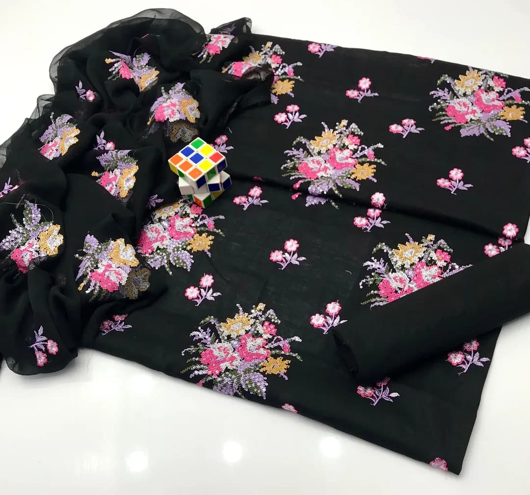 3 Pcs Women's Unstitched Sequins Embroidered Suit