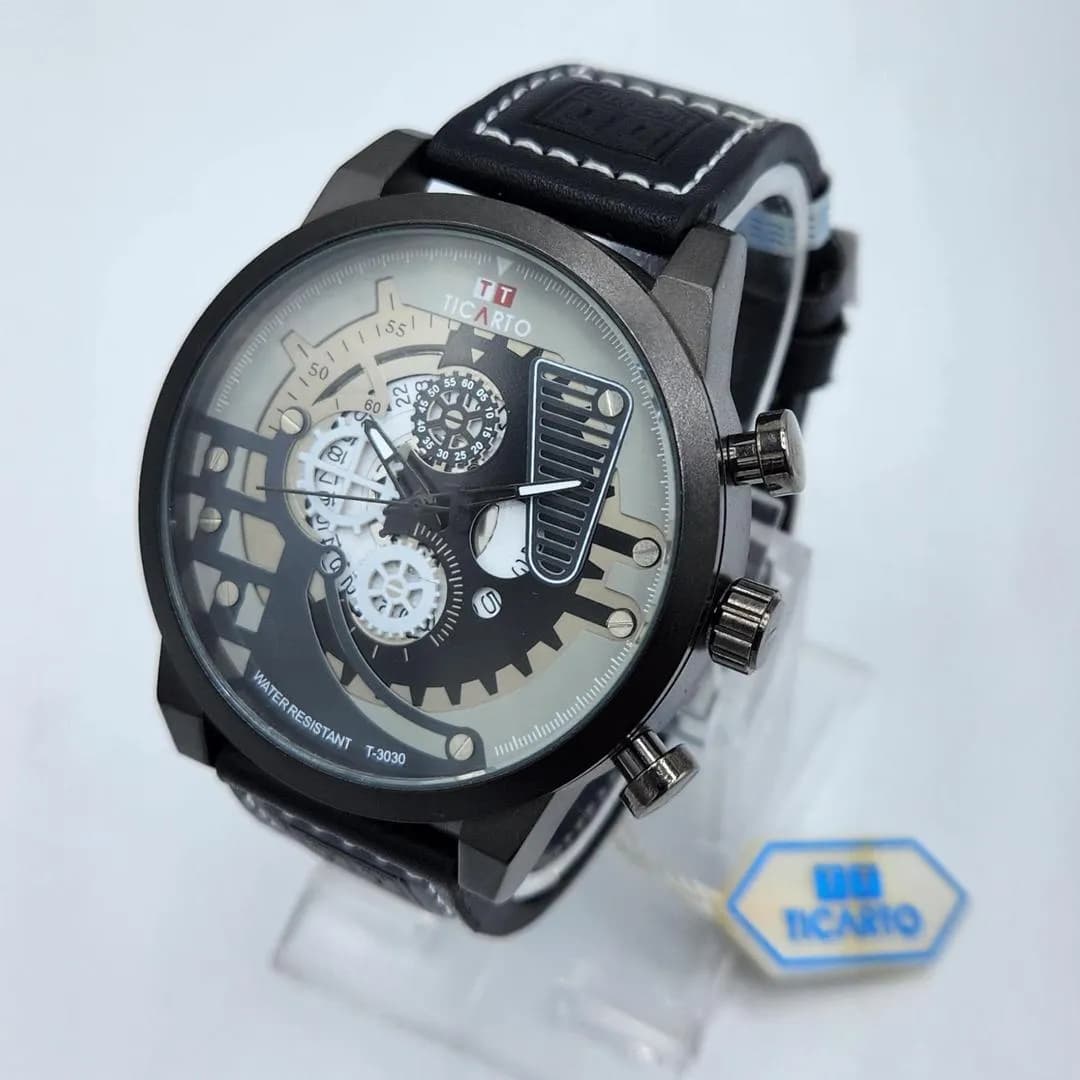 Men's Skeleton Watch Matte Black Leather Strap
