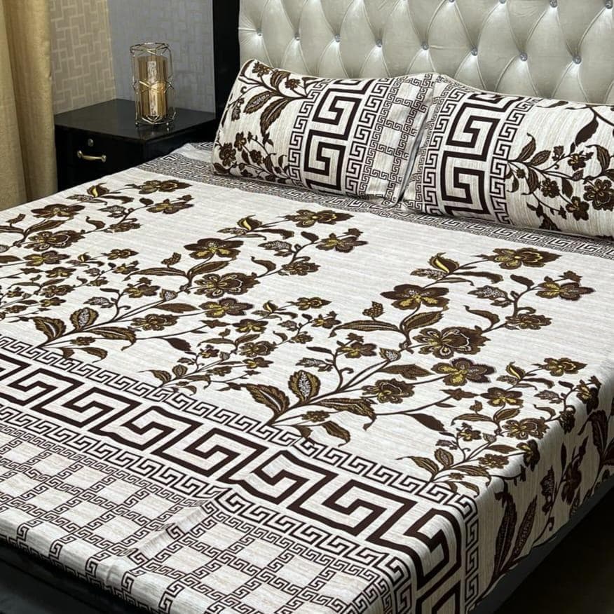 Crystal Cotton Floral Greek Key Bedsheet Set Double Bed 90x95"