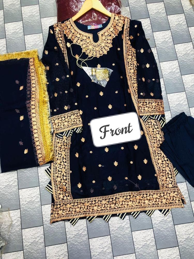 Blue Embroidered 3Pcs Crinkle Chiffon Suit Medium to XL
