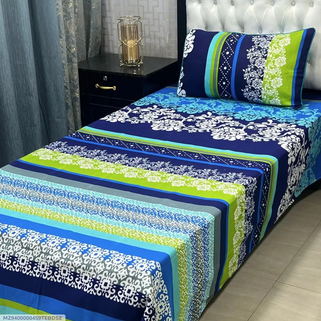 Blue Green Striped Cotton Bedsheet Set for Single Bed