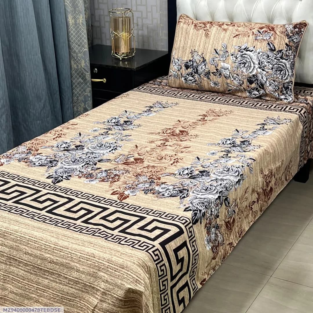 Bed Set Floral Greek Border Beige Brown
