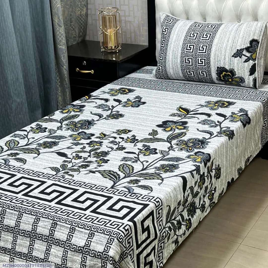 Crystal Cotton Printed Bedsheet Set White Single Bed