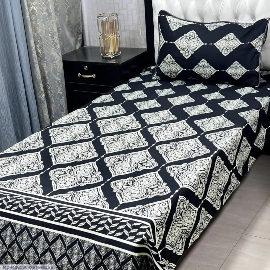 Single Bed Crystal Cotton Bedsheet Blue Printed Set