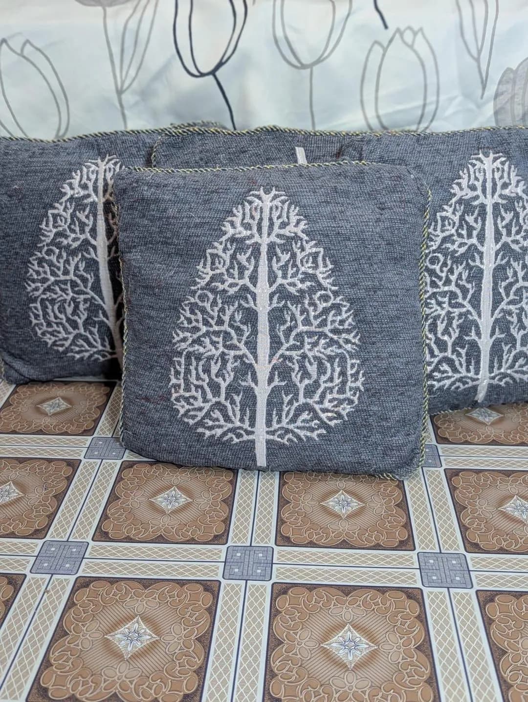 Grey Velvet Tree Print Cushion Covers Set of 5
