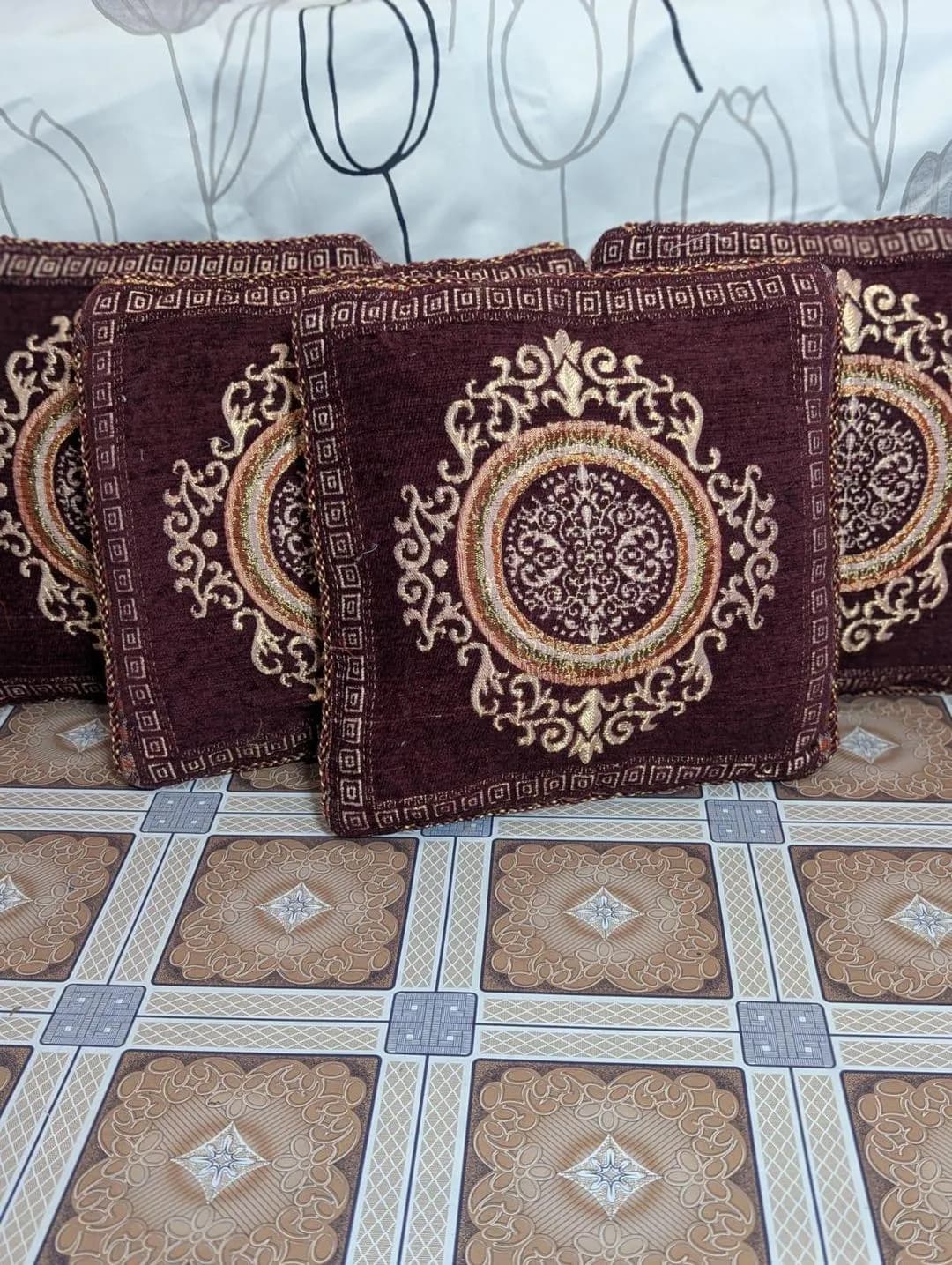 Maroon Velvet Jacquard Cushion Covers 5 Pcs Set