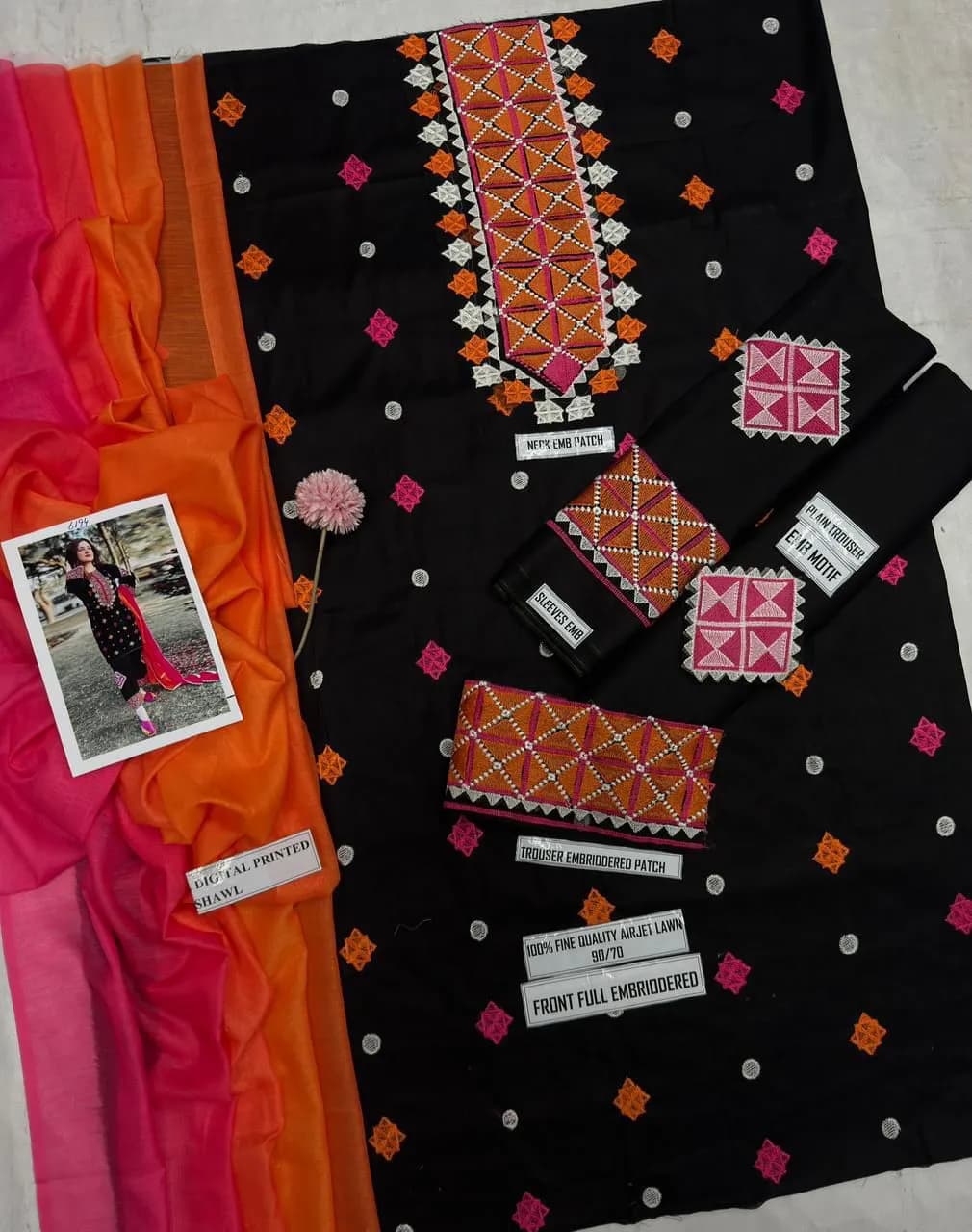 Black Embroidered Lawn 3Pcs Set with Dupatta