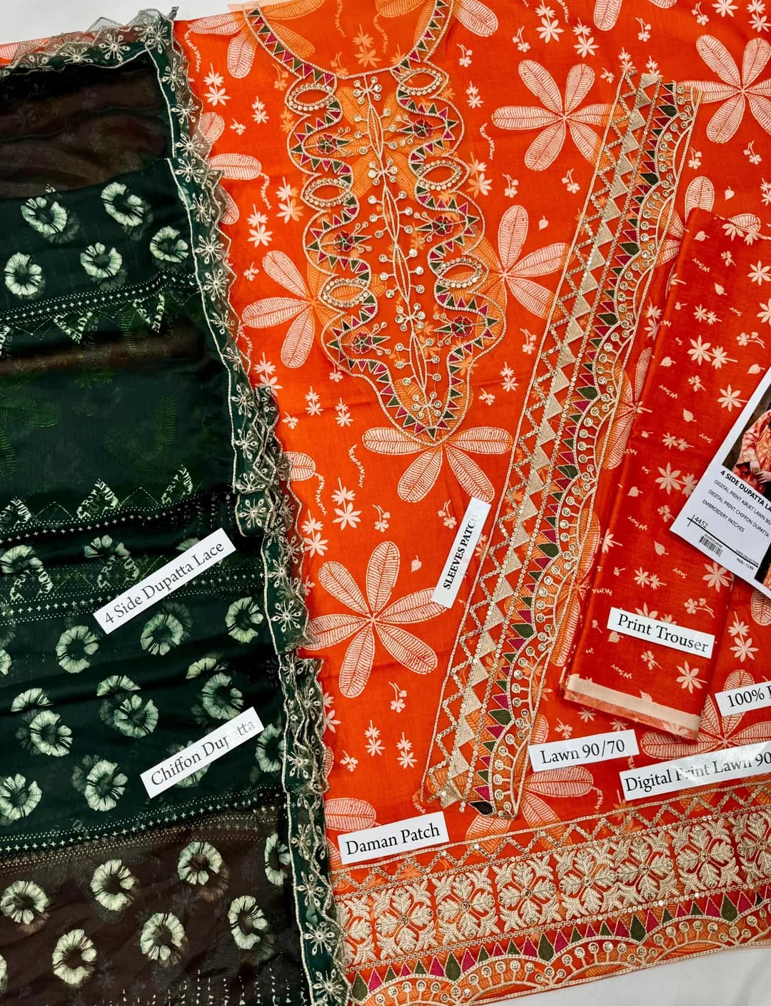 Orange Embroidered 3Pcs Lawn Suit with Dupatta