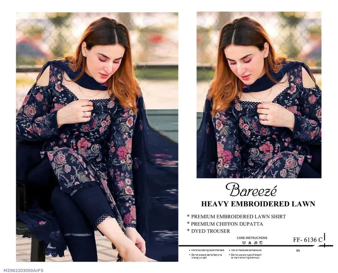 Bareeze Heavy Embroidered Lawn 3Pcs Set Blue