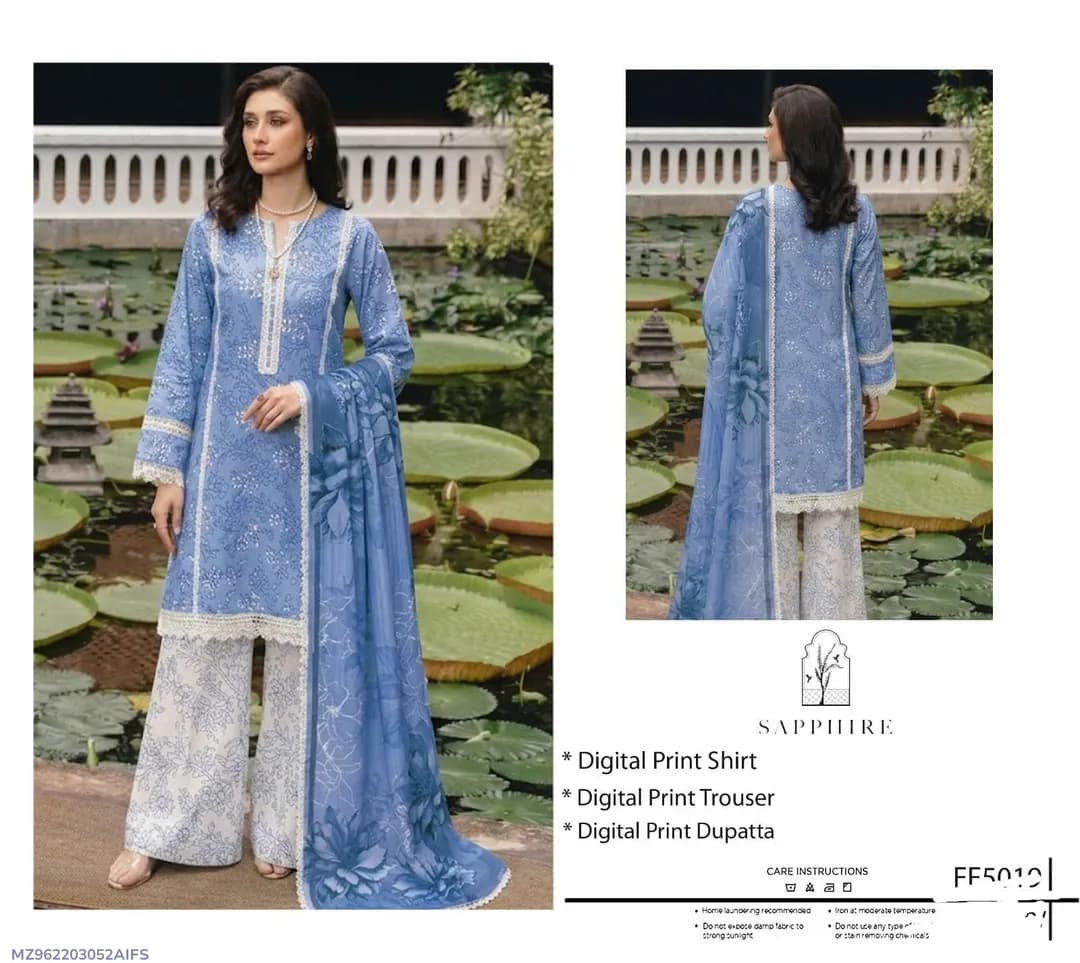 Blue Digital Print 3Pcs Lawn Suit for Women