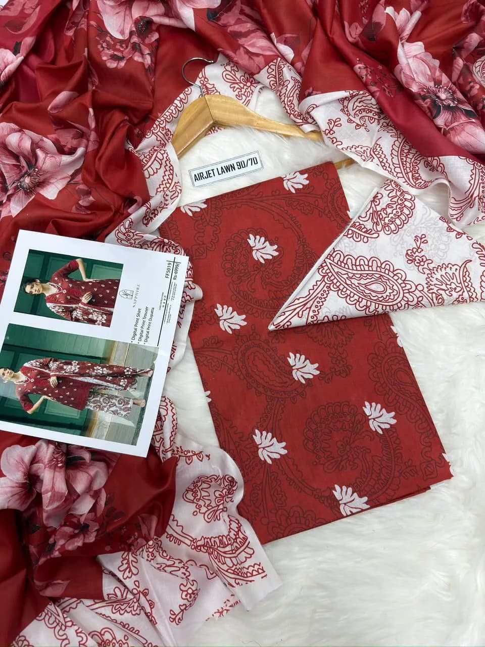 Red Digital Print Lawn 3Pcs Set