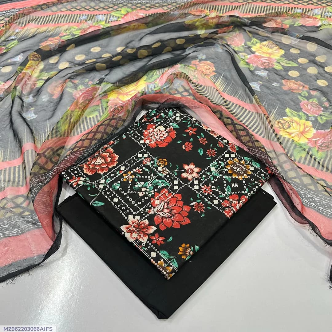 Black Printed Lawn 3Pcs Set with Dupatta Shirt Fabric