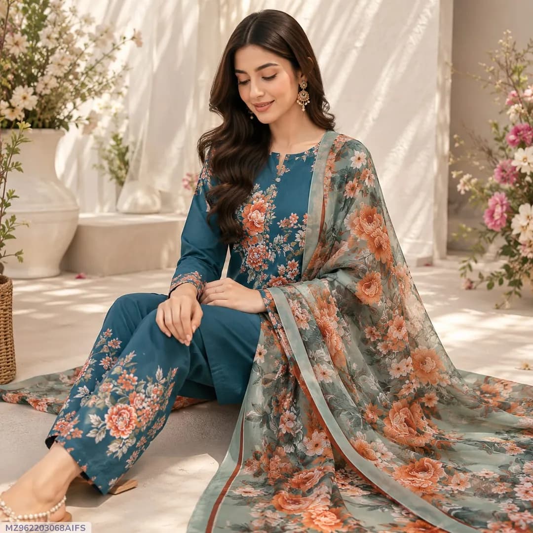 Women's 3Pcs Printed Lawn Suit Green Bakra Eid