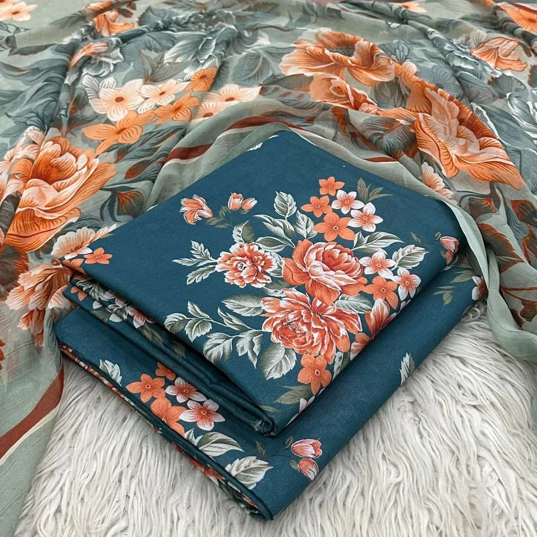 Women's 3Pcs Printed Lawn Suit Green Bakra Eid