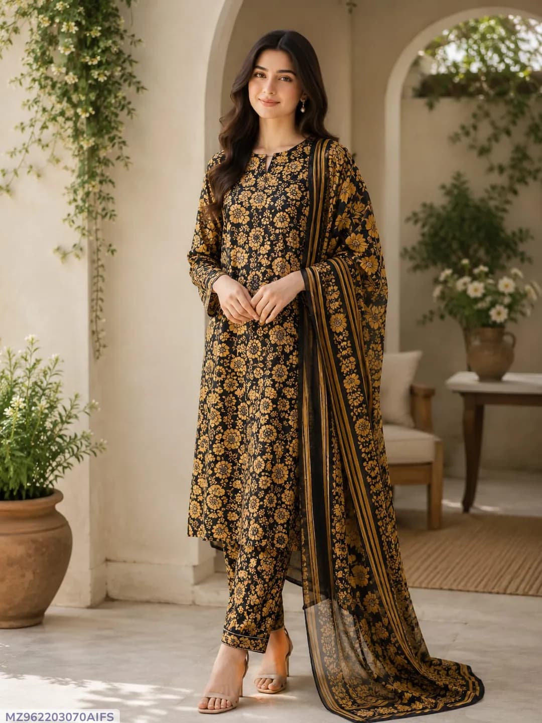 Women's 3Pcs Printed Lawn Suit Yellow Bakra Eid