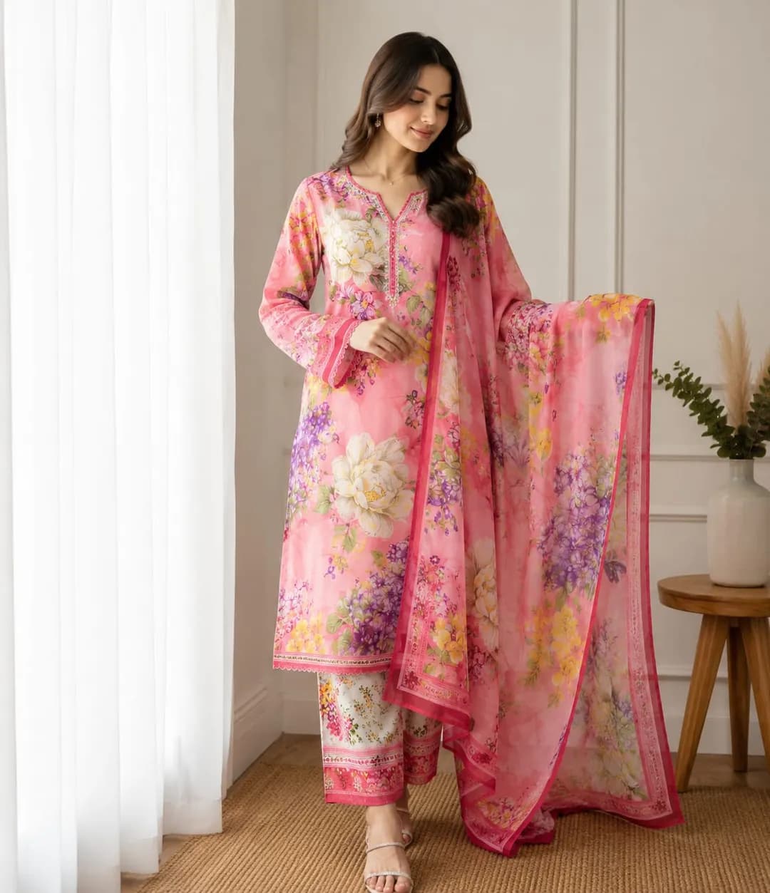 Women's 3-Piece Digital Print Lawn Suit White Bakra Eid
