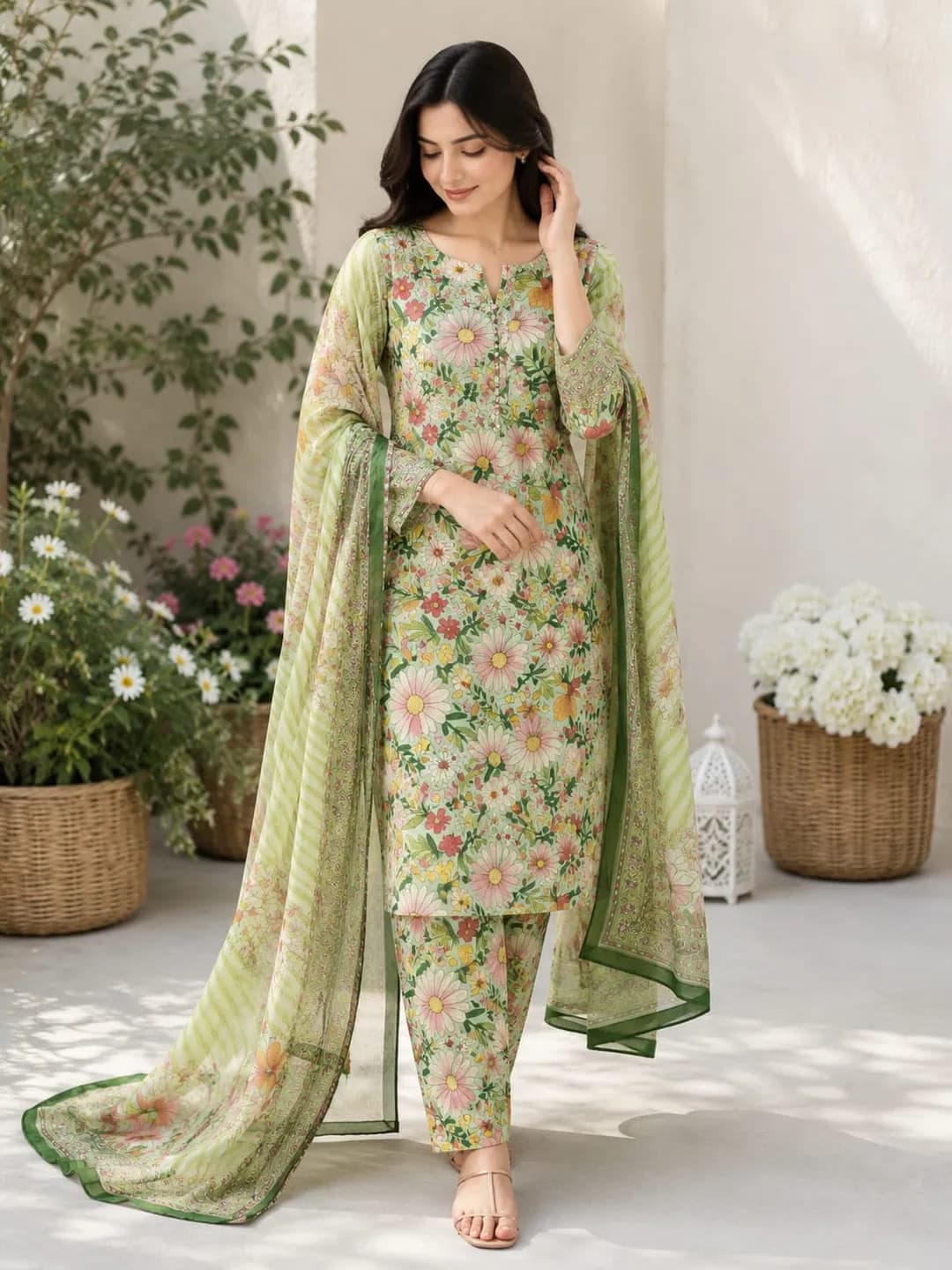 Women's 3-Piece Lawn Suit Green Digital Print Bakra Eid