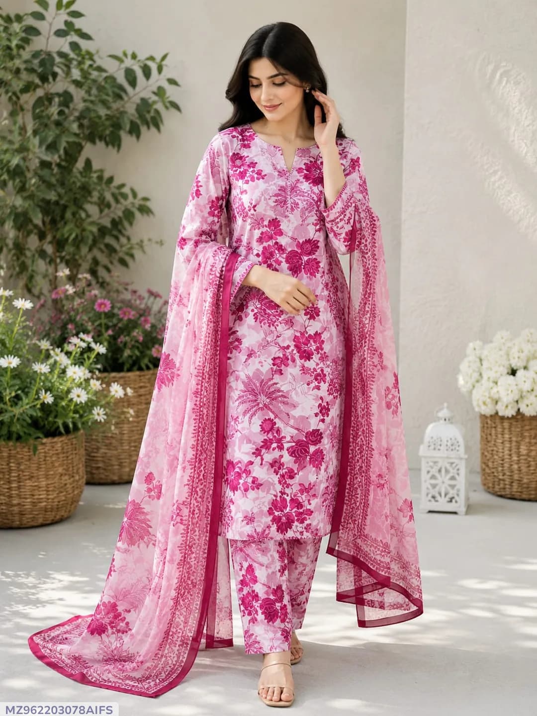Women's 3-Piece Digital Print Lawn Suit Purple Bakra Eid