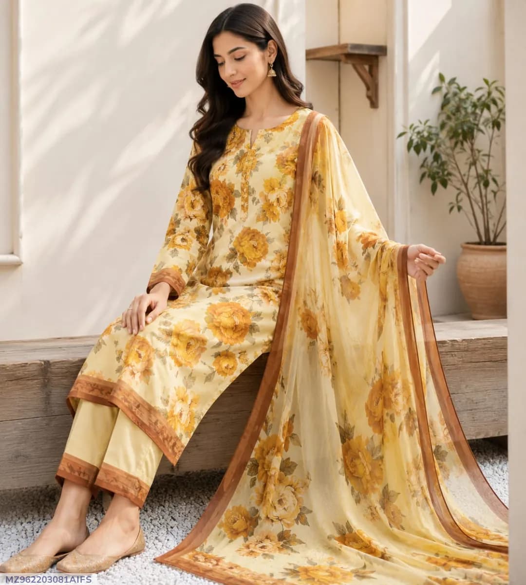 Women's 3-Piece Yellow Lawn Suit Bakra Eid