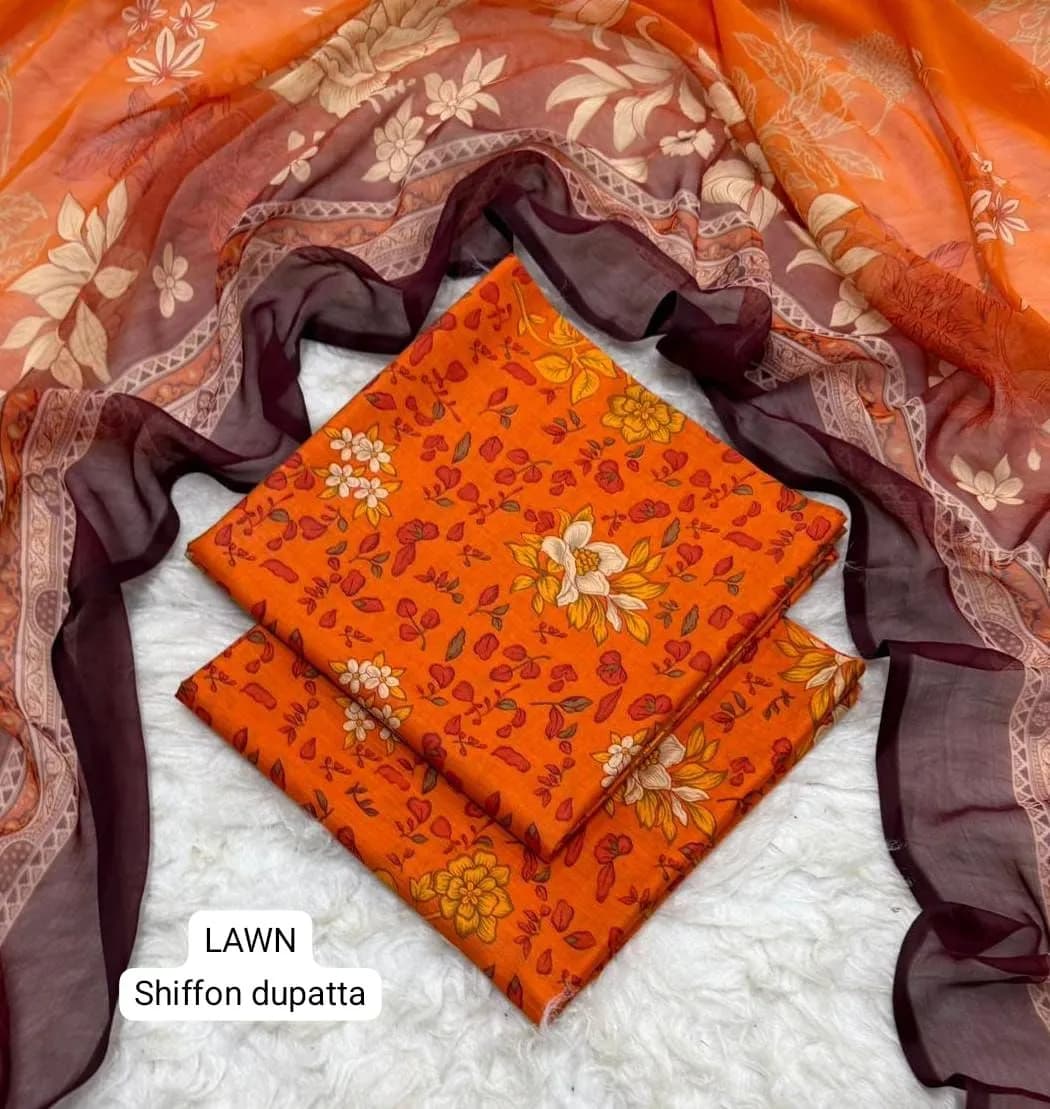 Orange Digital Print 3 Pcs Women's Lawn Suit
