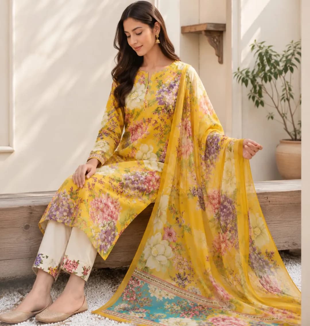 Women's Unstitched Digital Print Suit Yellow Lawn 3 Pcs