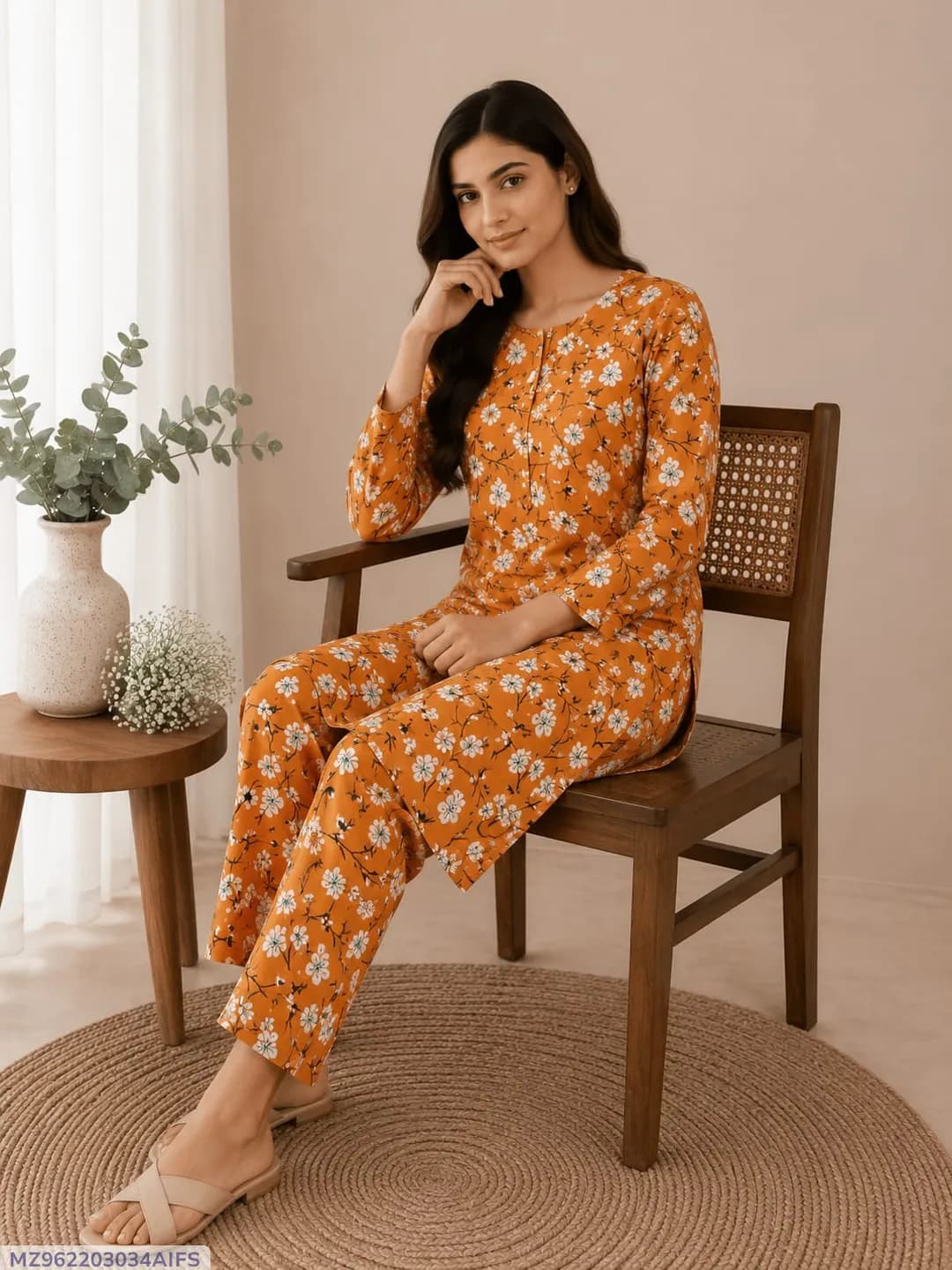 Orange Printed 2-Piece Polo Cotton Set