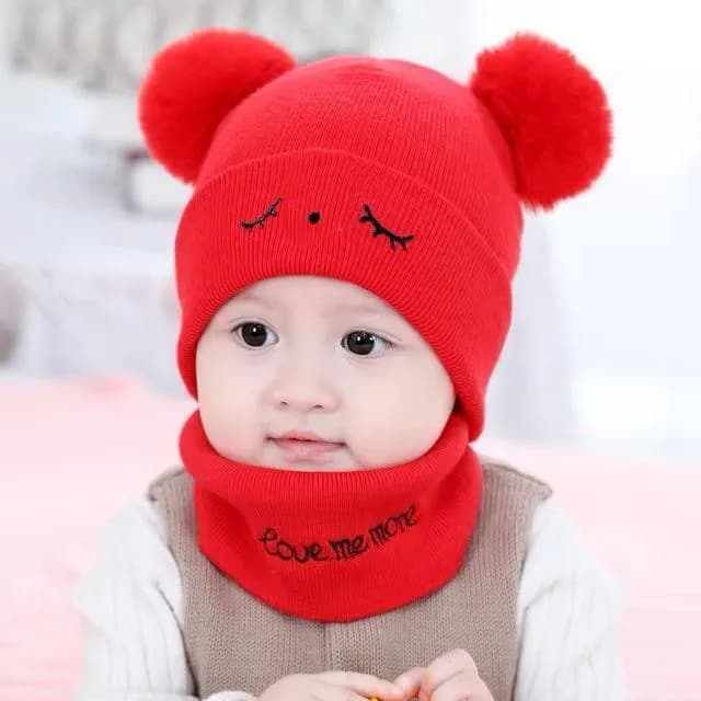 Red Wool Bear Ear Cap for Kids Winter