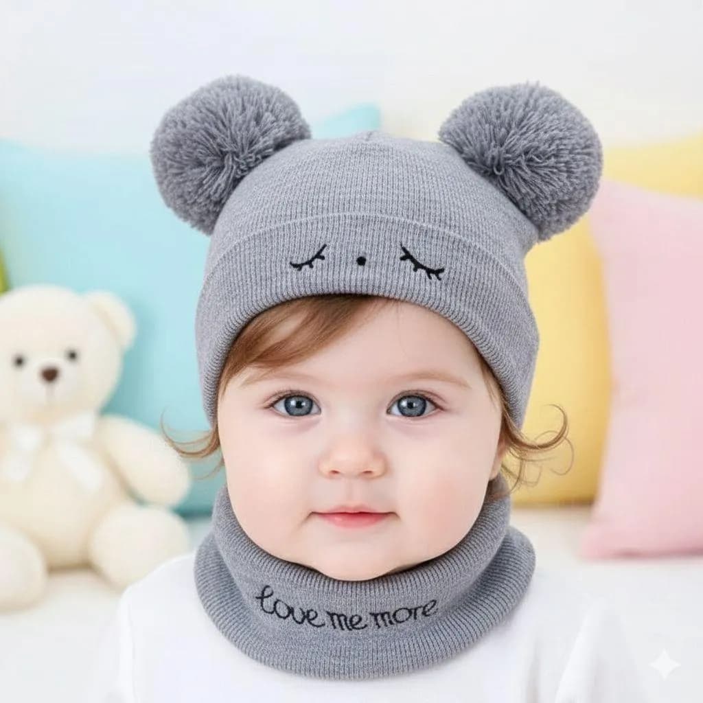 Grey Bear Ears Wool Cap with Neck Warmer for Baby