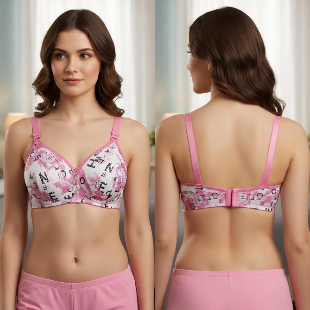 Pink Printed Padded Bra for Women, Lightweight, Malai Fabric