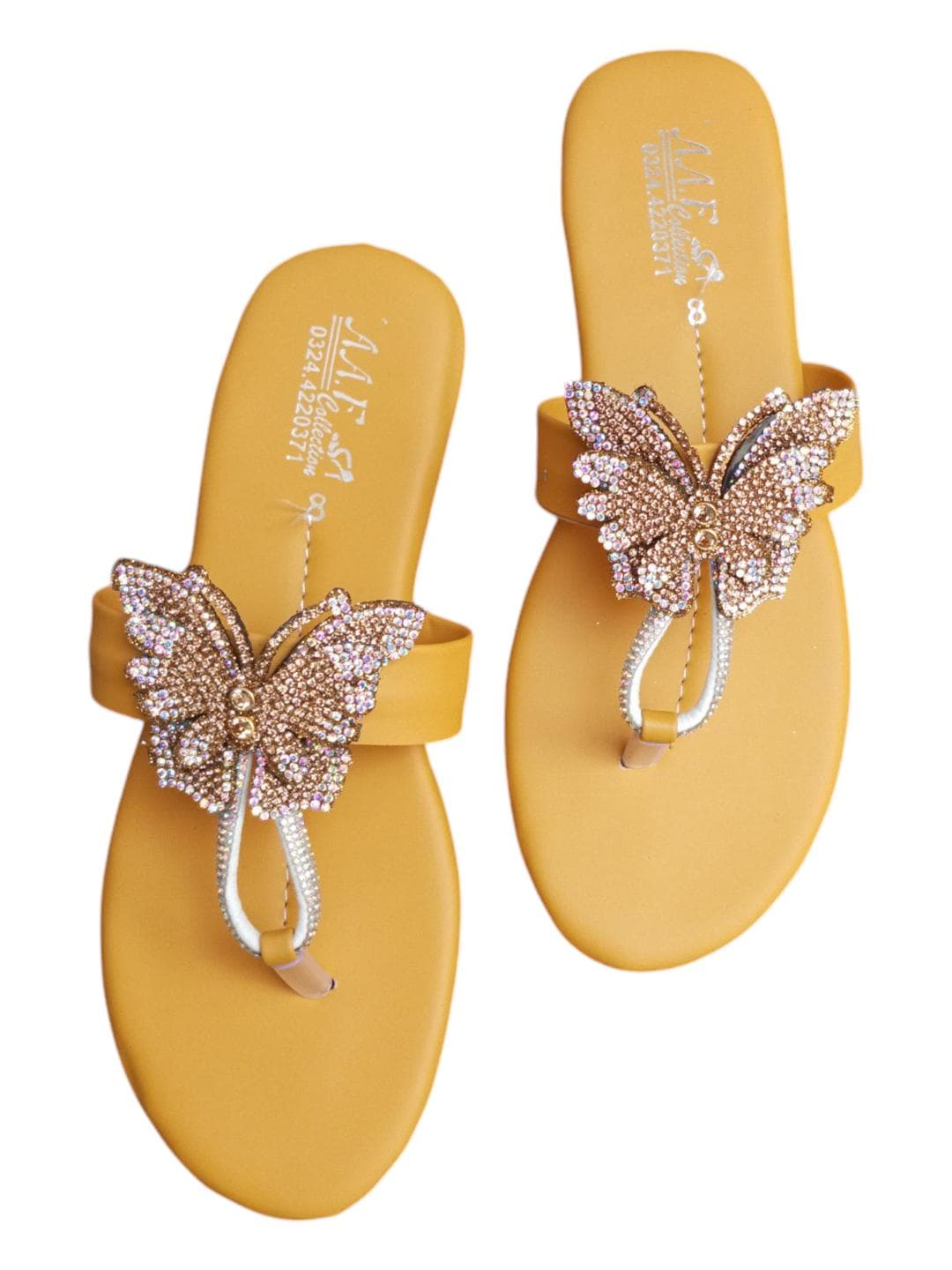 Butterfly Embellished Flat Shoes Yellow Rhinestone Size 36-41