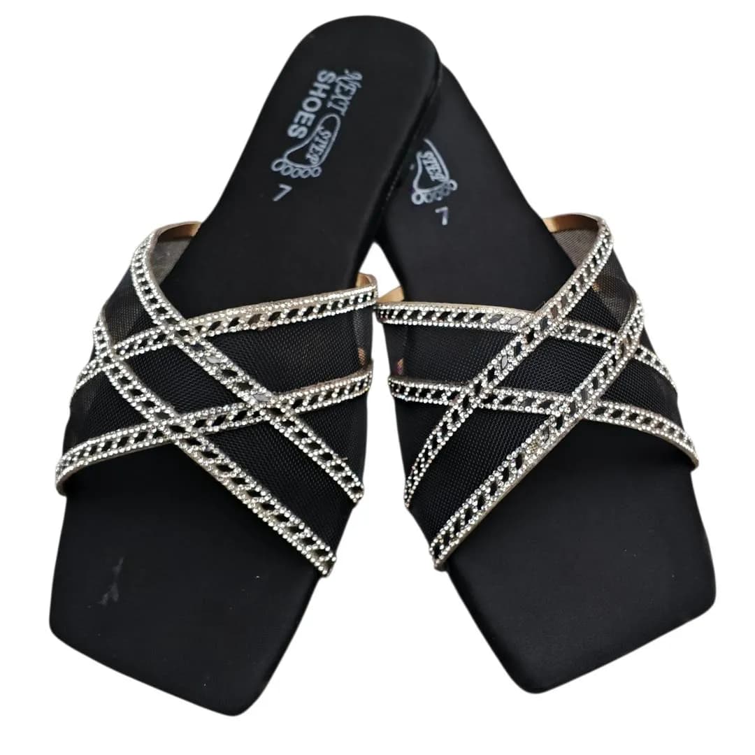 Women Satin Rhinestone Slides Black Size 7-11