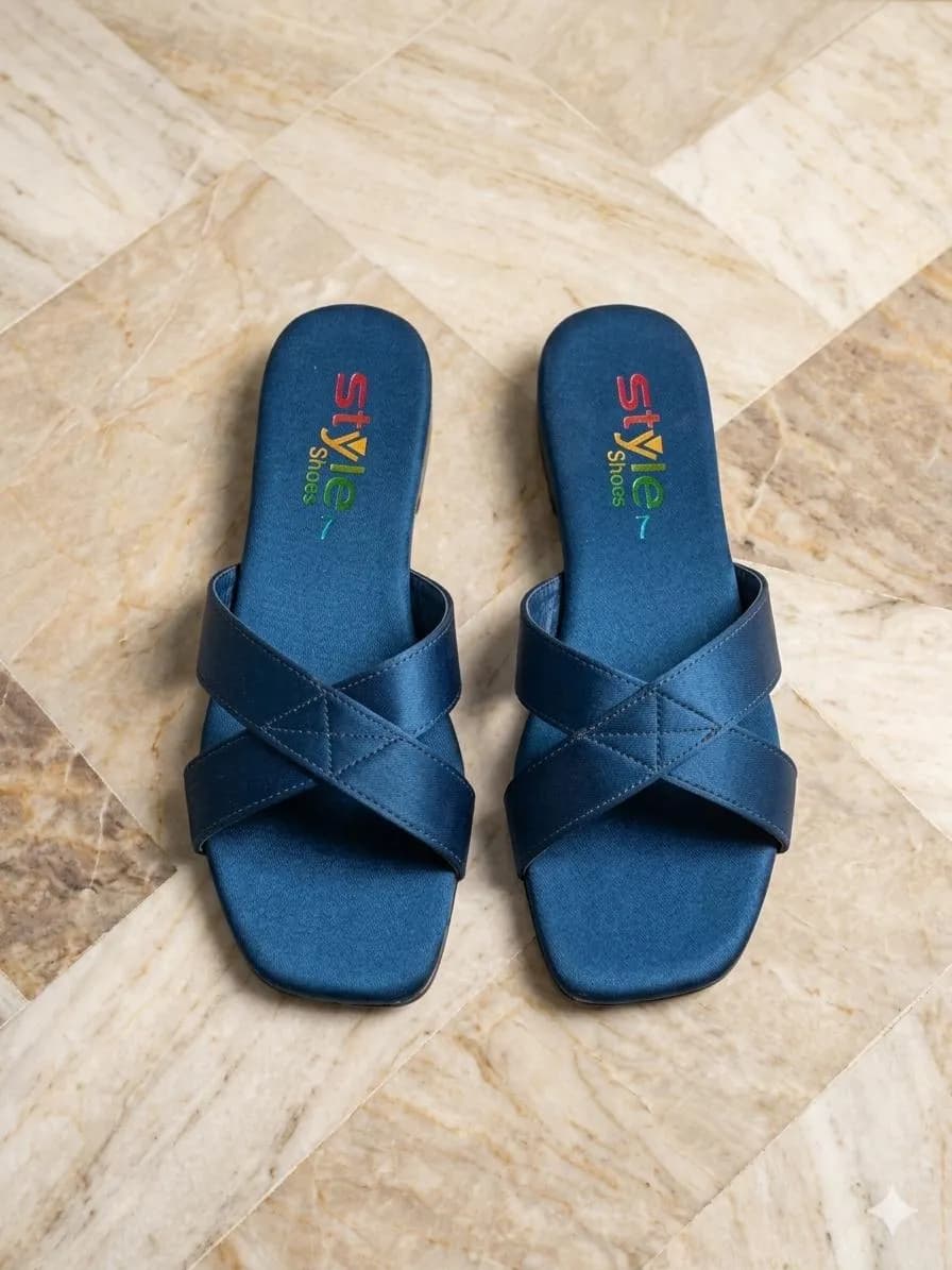 Women Blue Velvet Cross Strap Slides