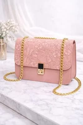 Pink Leather Chain Crossbody Bag for Girls 8x9x8"
