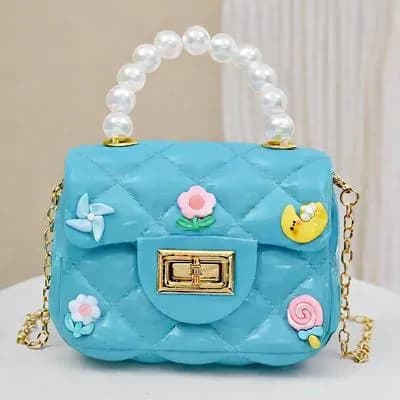 Blue Quilted Mini Crossbody Bag with Pearl Handle & 3D Decorations